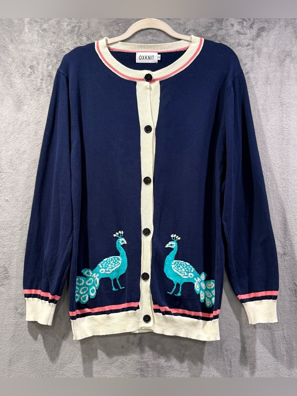 OXKNIT Peacock Cardigan Sweater Womens Size 2XL 100% Cotton Retro Wearable Art‎
